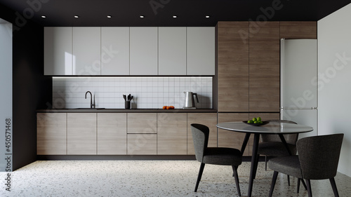 Fototapeta Naklejka Na Ścianę i Meble -  The kitchen is decorated in a minimalist style. 3d rendering