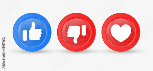  like love dislike icons buttons or Thumbs up, thumb down button with heart icon for social media notification icons in modern style with lights