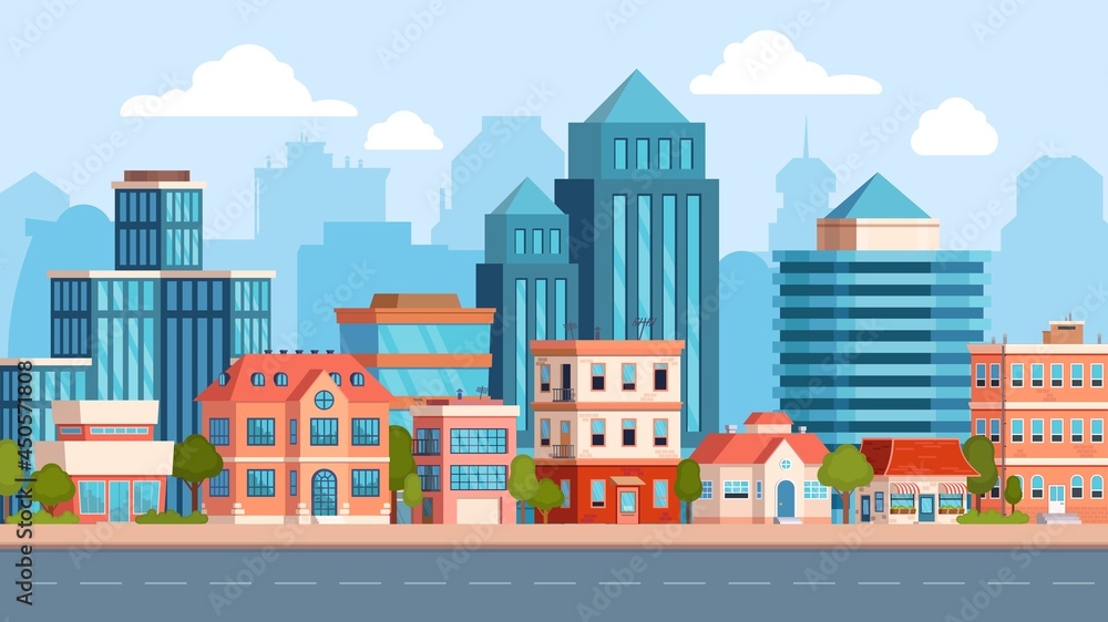Flat city street landscape with skyscraper and apartment building. Town real estate, houses and road. Cityscape scene. Urban vector panorama