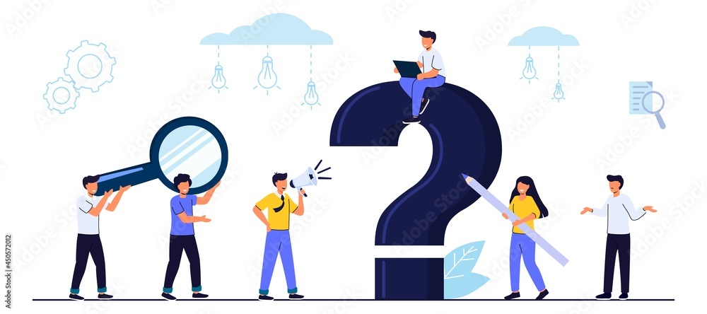 Q and A or FAQ concept with tiny people character Big question mark Frequently asked questions template Business decision making doubt about options confusion Decide right solution directions dilemma