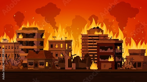 Cartoon apocalyptic city landscape with destroyed building on fire. Cityscape with burn street houses and smoke. Fire in town vector concept