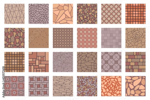 Street road pavements tile patterns top view. Floor tiles with rock, brick and cobble stone texture. Paved patio or park sidewalk vector set