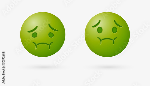Nauseated face emoji with green face - sick emoticon - sickly face green with concerned eyes and puffed holding back vomit