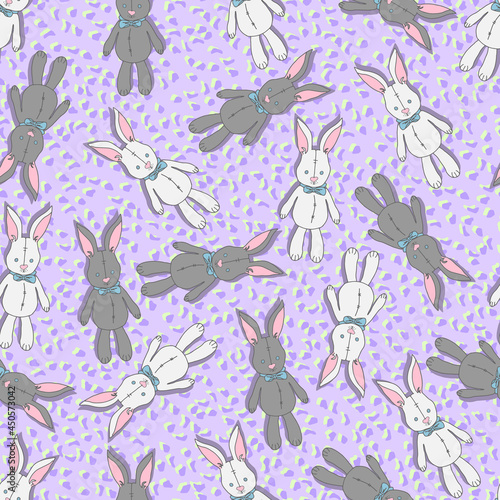 vector seamless pattern white and gray rabbits doll toys with bows and eyes with buttons on a background of colored spots. Background for nursery, children's things, fabrics, prints.