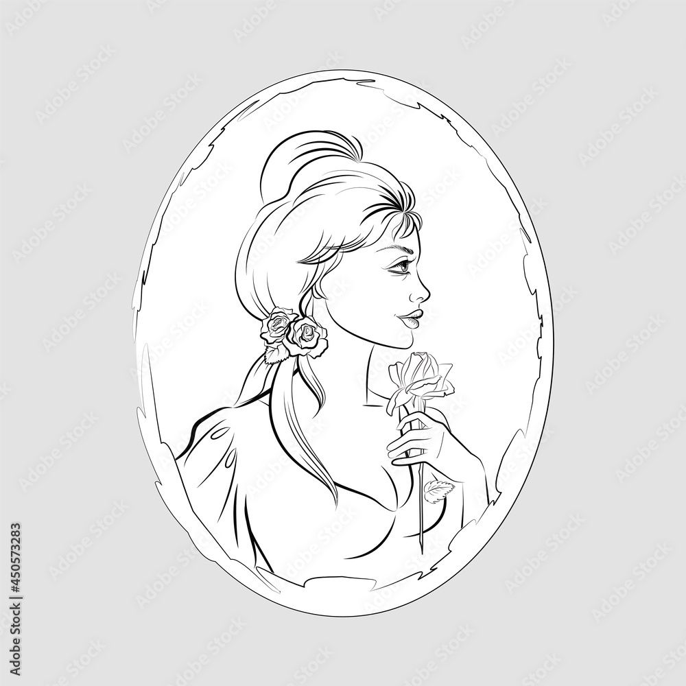 Contour portrait of a young woman with a delicate rose Contour portrait of a young woman with a delicate rose