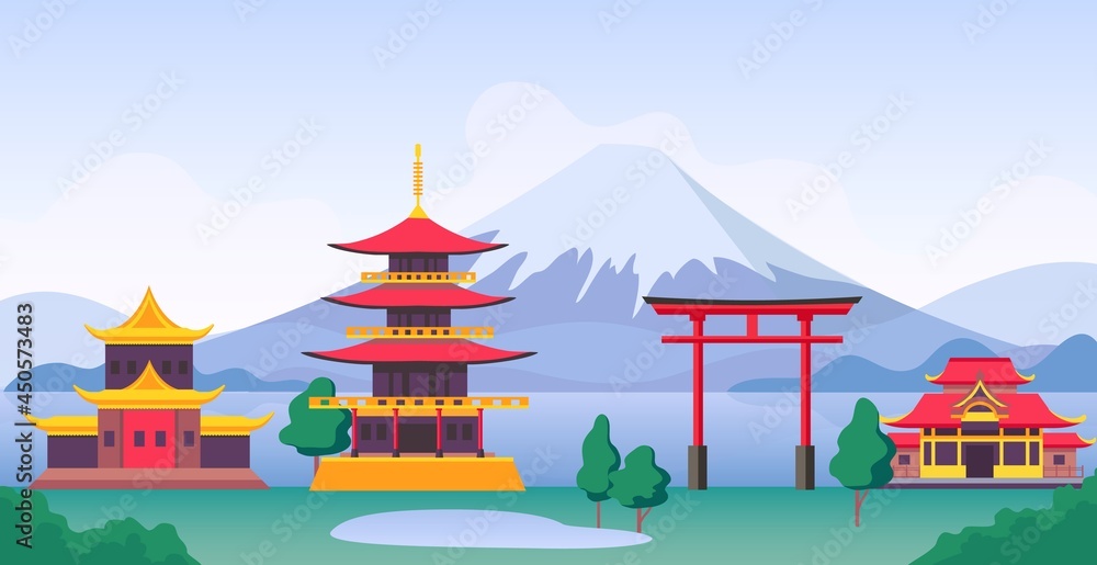 Fototapeta premium Japan landscape with mountain Fuji, landmarks, temples and old building. Japanese tourism travel scenery with pagoda and gates vector scene