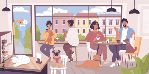 Cute cozy pet-friendly coffee shop with funny dogs, cats and their owners vector cartoon illustration