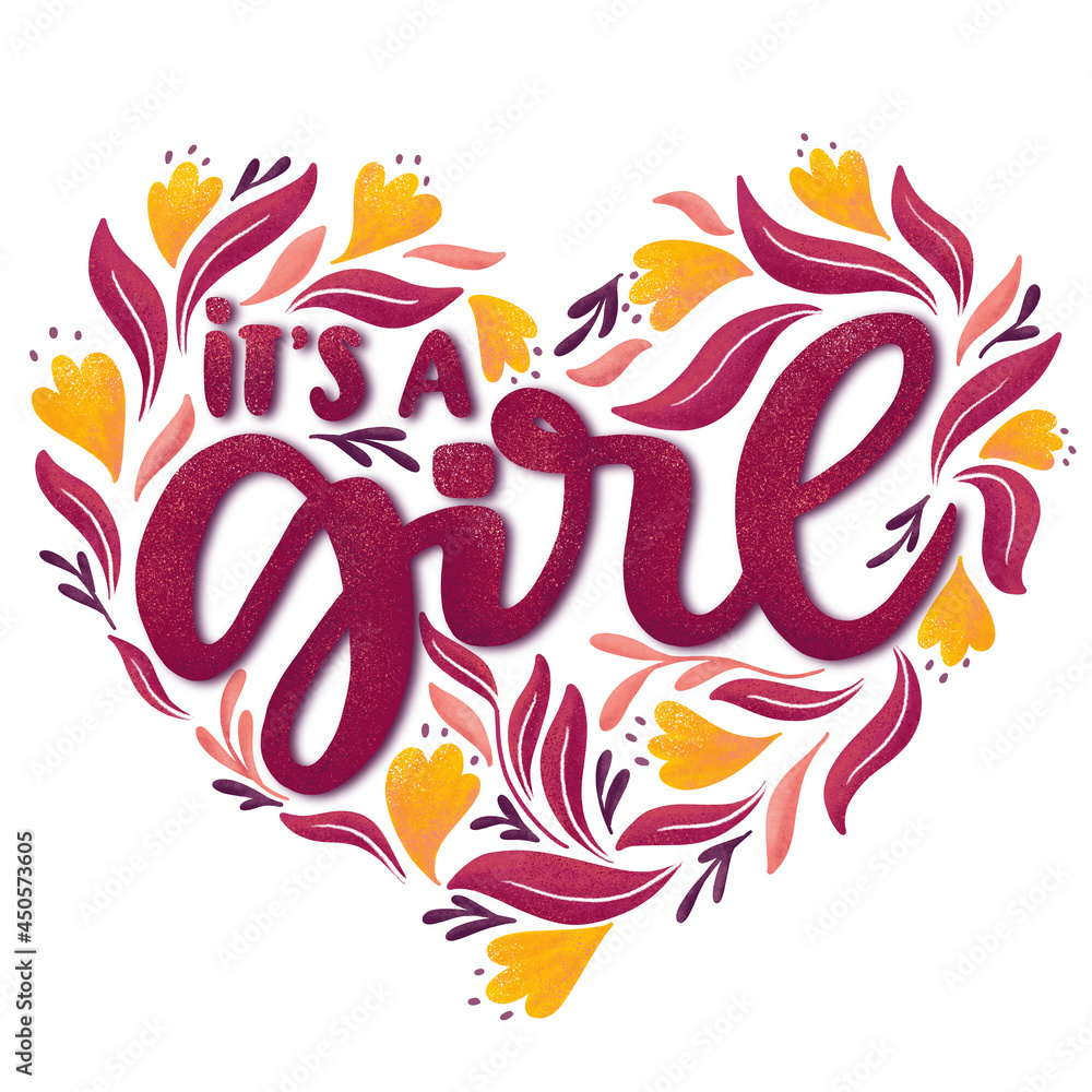 It's a Girl Lettering Illustration with Floral Design for Cards ...