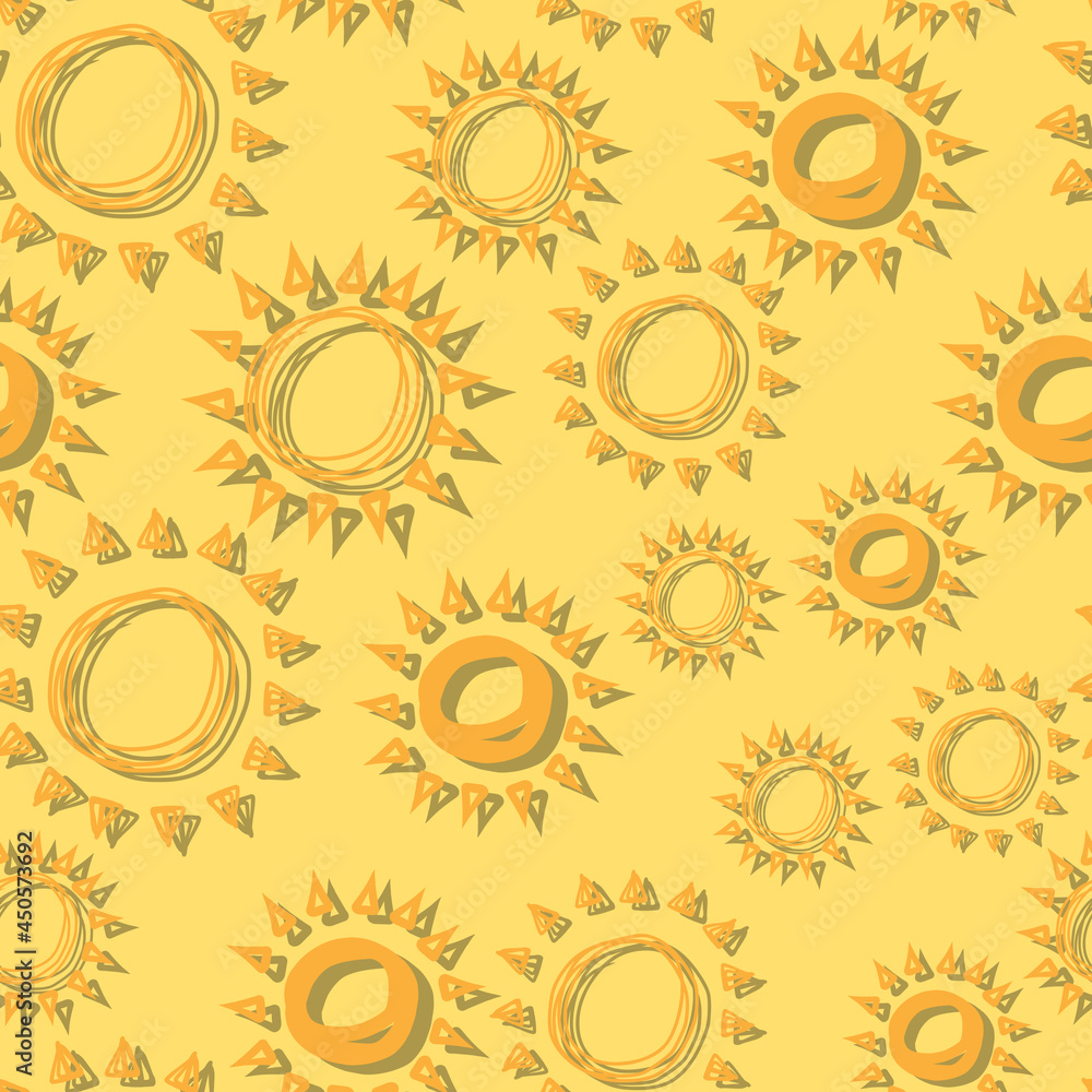 vector seamless pattern sun simple isolated hand drawn lines, doodle of yellow with shadow, orange ray or burst of sun for banner, background, wallpaper, cover etc. vector seamless pattern sun simple isolated hand drawn lines, doodle of yellow with shadow, orange ray or burst of sun for banner, background, wallpaper, cover etc.