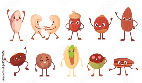 Cartoon funny nut, bean and seed characters with faces. Happy walnut, oak acorn, peanut, almond and cashew. Healthy snack mascot vector set