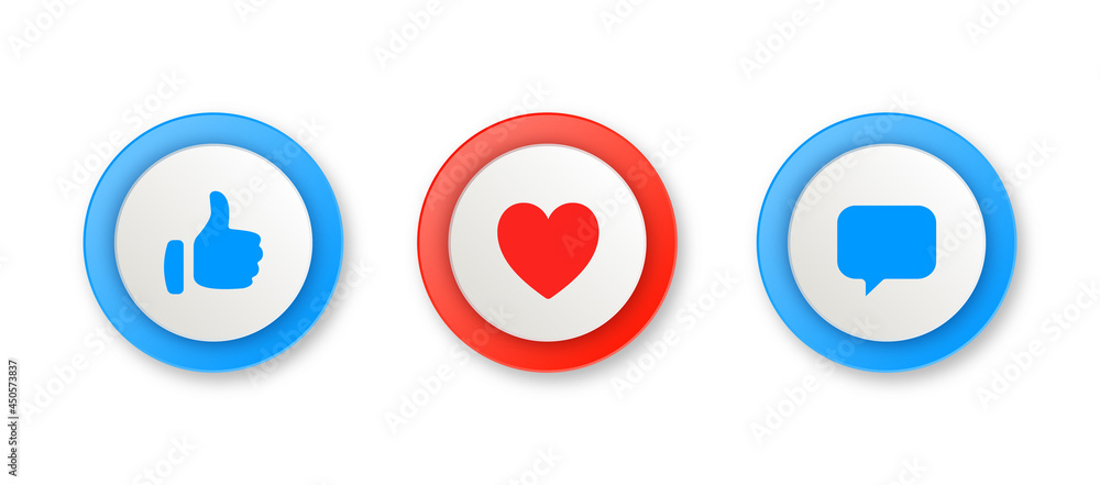 Social media notification icons in modern button like love comment icon - thumbs up, heart symbols Social media notification icons in modern button like love comment icon - thumbs up, heart symbols