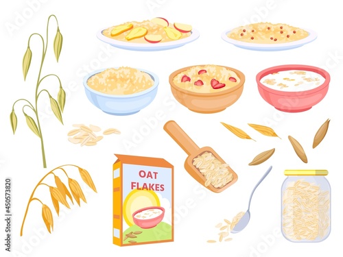 Cartoon oatmeal breakfast cereals, sweet flakes and grains. Oat plant and seed. Porridge with fruit in bowl. Healthy granola food vector set