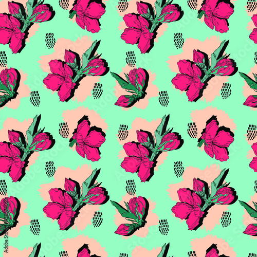 vector seamless pattern contour floral  with opened leaves and buds on a contrasting background with dots. Botanical illustration for fabrics  textiles  wallpapers  papers  backgrounds.