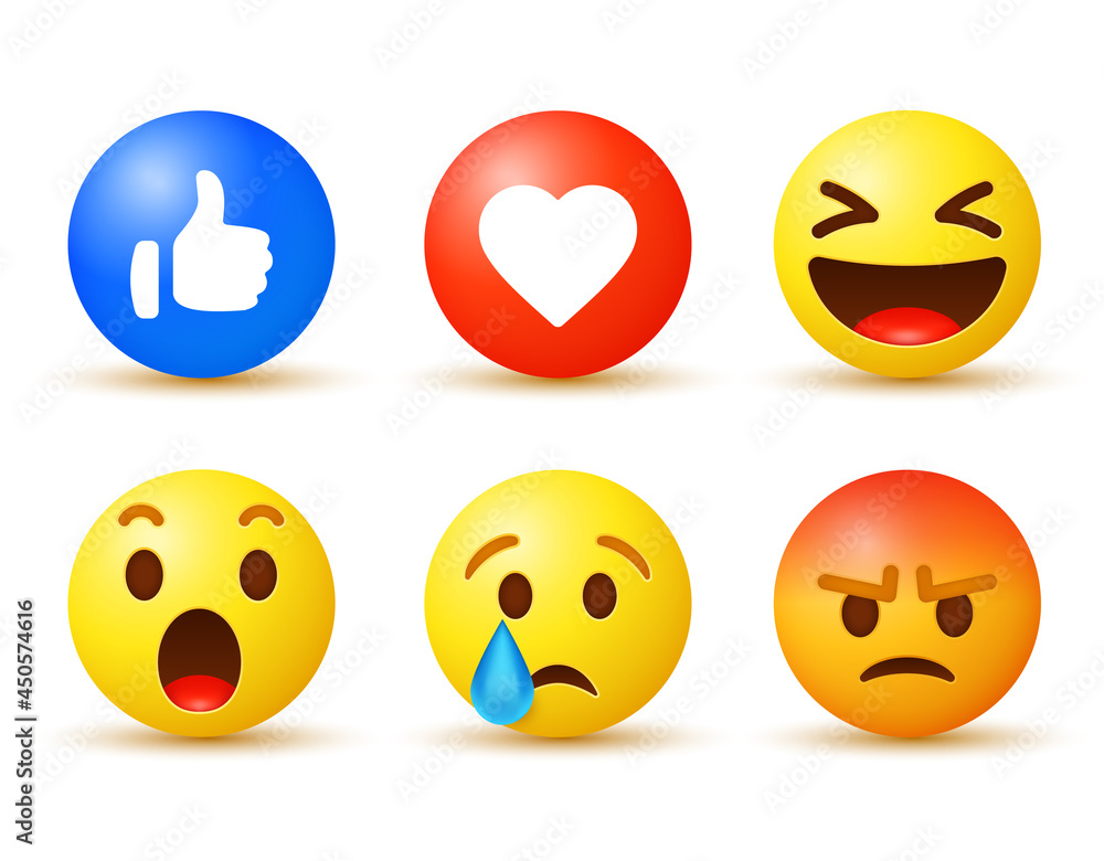 Fototapeta premium 3d social media reaction, collection of emoji reactions, sad cry emoji, funny haha emoticon, surprise wow emoji, grumpy angry emoticon, like thumb up icon, love heart icon 
