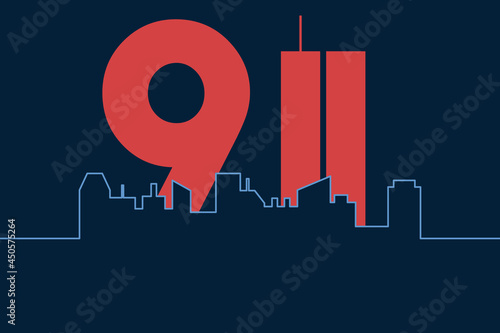 9/11 USA Never Forget September 11, 2001. Twin Towers WTC Skyscrapers Sillhouette Vector illustration cover. Patriot day, USA Day of Remembrance, Memorial Day United States. 11.09.2001. Never Forget