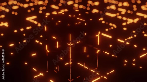 The matrix cube shimmers with orange neon lighting. The flow of information through high-tech neon tiles. Sci-fi Abstract photo 3D Render	