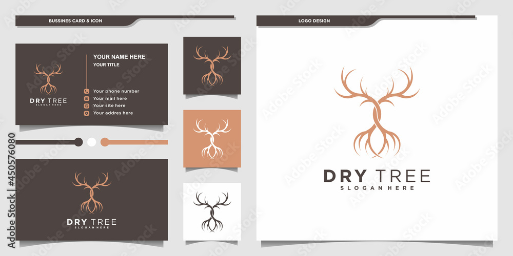 Modern dry tree logo design template and business card Premium vektor