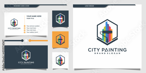 Colorful city painting logo design inspiration and business card Premium Vector