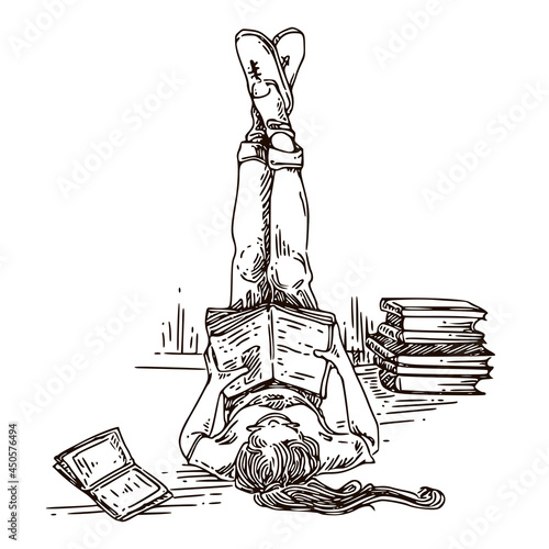 Young girl read  and lying on floor. Sketch. Engraving style. Vector illustration.