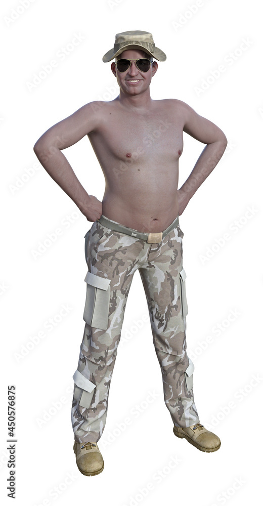Illustration of a male soldier bare chested with a beer belly smiling wearing sunglasses with a hat on. Illustration of a male soldier bare chested with a beer belly smiling wearing sunglasses with a hat on.