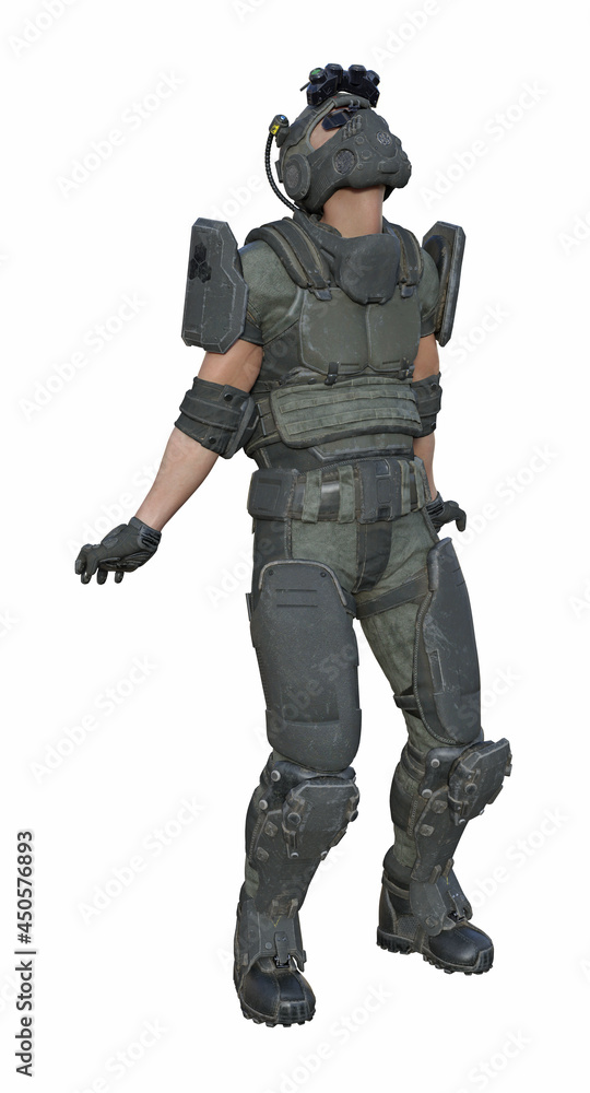 Illustration of a male soldier in full gear leaning back and looking up in exasperation isolated on a white background.