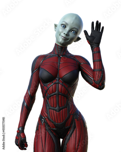 Illustration of a pixyish elf type alien in a red form fitting suit smiling and waving hello on a white background.