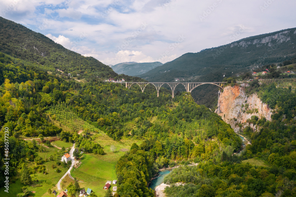 Tara River Canyon. Djurdzhevich Bridge. Montenegro. Reinforced concrete arch bridge over the Tara river. View from above