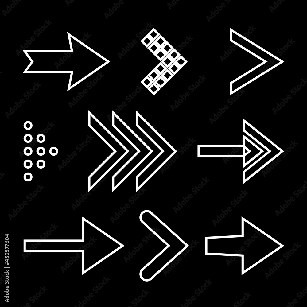 Icon Set of Flat Arrows. Isolated Arrow Icon Collection for Back and Next User Interface Icons. Different Shape Concept for Previous or Forward Minimal Web Buttons on Black