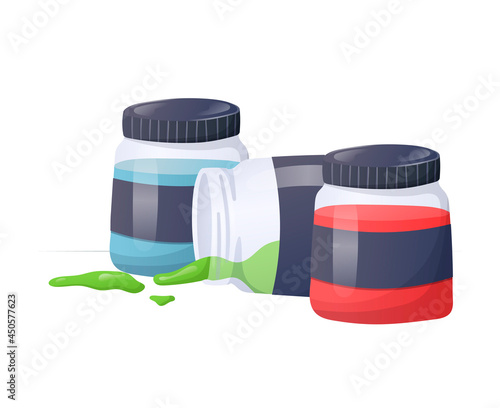 Vector illustration of a set of glass jars with multi-colored paints. One of the open cans lies on its side, drops of paint have spilled out.