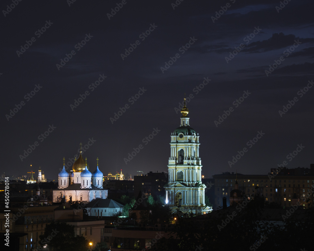 Bell tower in Novospassky monastery at night