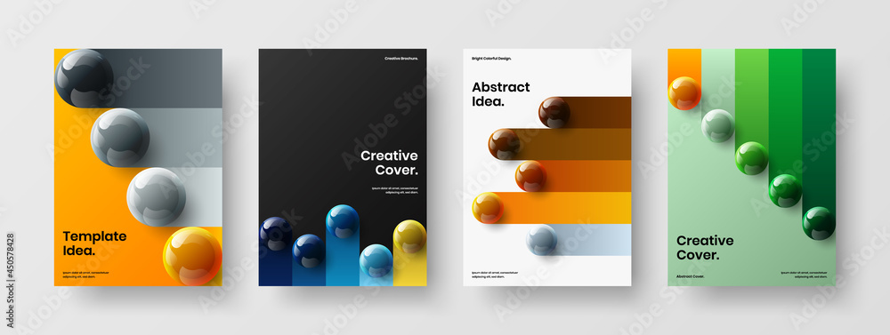Bright realistic spheres postcard layout set. Geometric company brochure design vector concept collection.