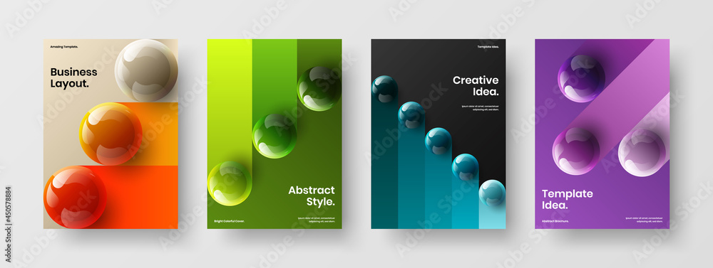 Unique front page A4 vector design concept set. Isolated 3D balls company brochure illustration bundle.