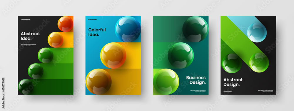 Isolated leaflet design vector illustration collection. Multicolored realistic spheres brochure concept set.