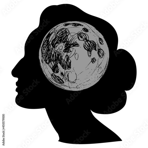 Full moon inside female head. Symbol of female subconscious and mind. Power of imagination. Monochrome silhouette. Creative concept. Goddess Hecate, Selene or Nyx.