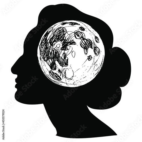 Full moon inside female head. Symbol of female subconscious and mind. Power of imagination. Black and white silhouette. Creative concept. Goddess Hecate, Selene or Nyx.