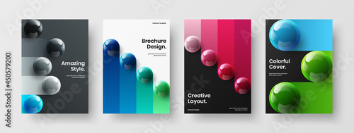 Multicolored book cover design vector template collection. Colorful 3D balls pamphlet illustration composition.