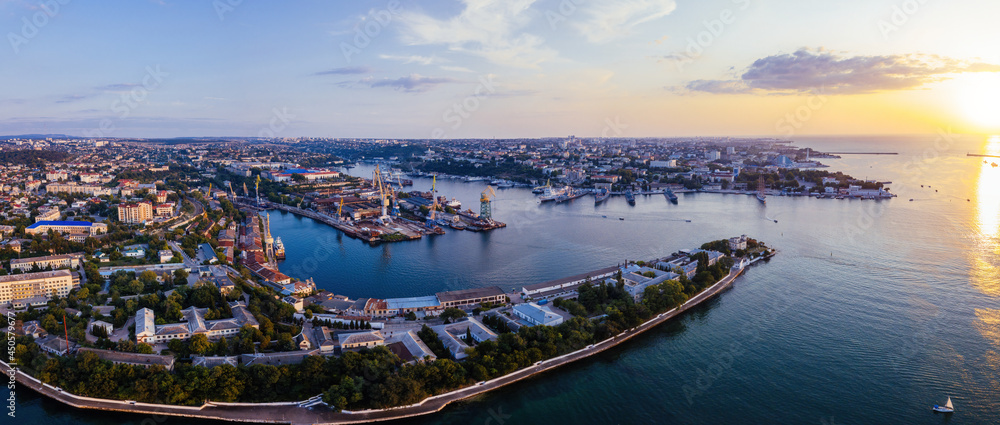 Evening Sevastopol panorama, aerial view of the Sevastopol bay