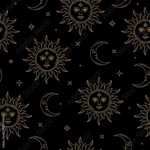Vector magic seamless pattern with sun, moon, magic and stars. Mystical esoteric background for design of fabric, packaging, astrology, phone case, wrapping paper.