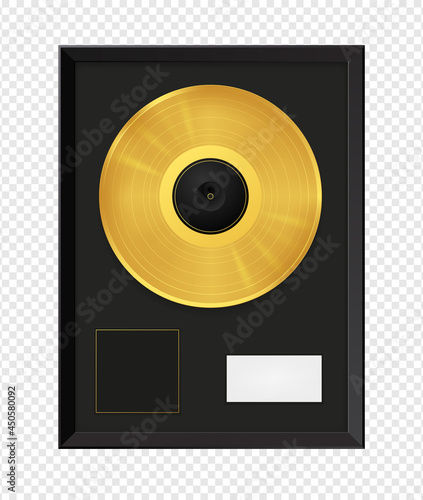 Gold music vinyl record in black frame. Vector image on transparent background