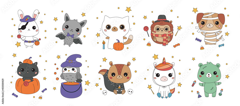Set of kawaii animals in different Halloween costumes. Cartoon characters. Funny stickers for kids. Vector illustration. Set of kawaii animals in different Halloween costumes. Cartoon characters. Funny stickers for kids. Vector illustration.