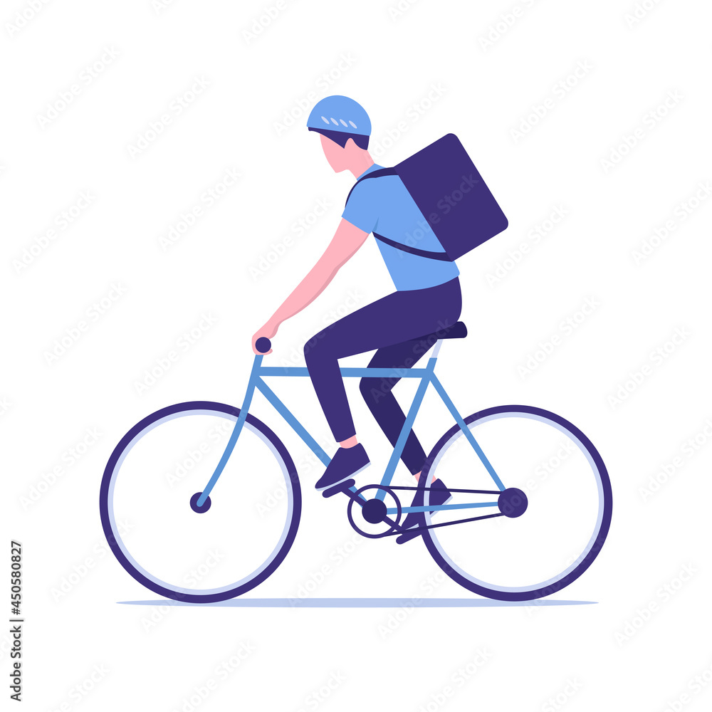 A man rides a bicycle. Delivery person. Flat colored illustration. Isolated on white background. A man rides a bicycle. Delivery person. Flat colored illustration. Isolated on white background.