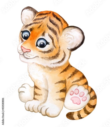 Fototapeta Naklejka Na Ścianę i Meble -  Tiger baby, toy, tiger cub watercolor isolated on white background. Animal. Watercolor. Illustration