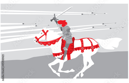 Girl warrior. The girl in armor with a sword in his hands rides a white horse among the flying arrows. Vector image for prints  poster and illustrations.