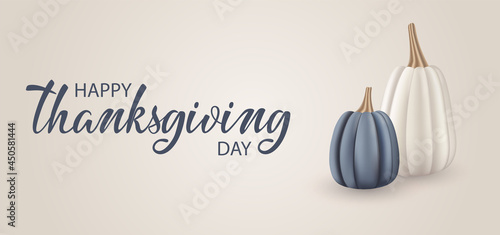 Happy Thanksgiving day banner. Holiday background with Blue and beige pumpkins and hand written quote. Horizontal holiday poster, web banner, cover, brochure, flyer. Realistic 3d Vector illustration