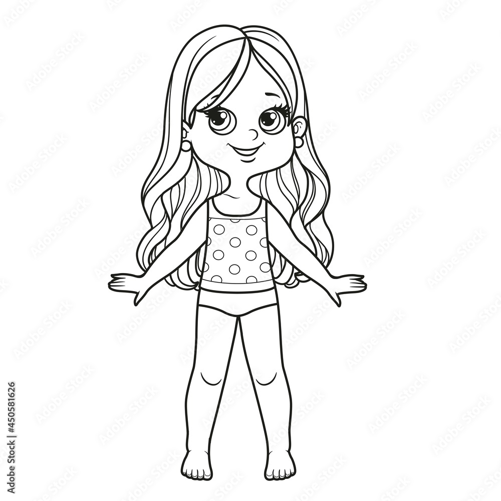 Cute cartoon girl with long curly hair dressed in underwear and
