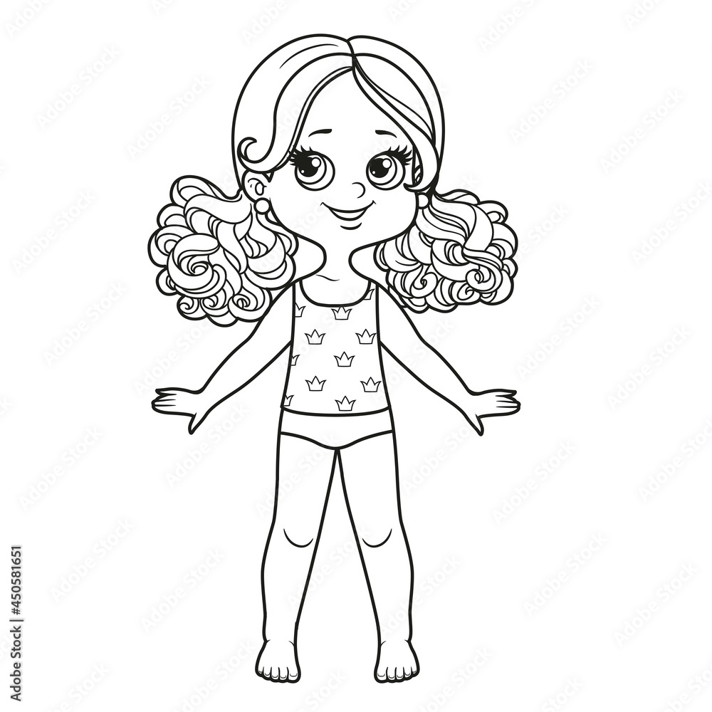 Cute cartoon girl with curly hair tied in ponytails dressed in underwear and barefoot outline for coloring on a white background Cute cartoon girl with curly hair tied in ponytails dressed in underwear and barefoot outline for coloring on a white background