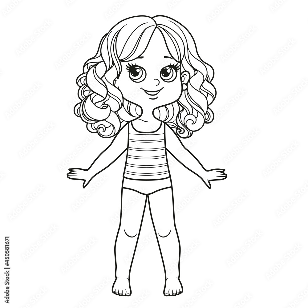 Cute cartoon girl with curly hair with large curls dressed in underwear and barefoot outline for coloring on a white background Cute cartoon girl with curly hair with large curls dressed in underwear and barefoot outline for coloring on a white background
