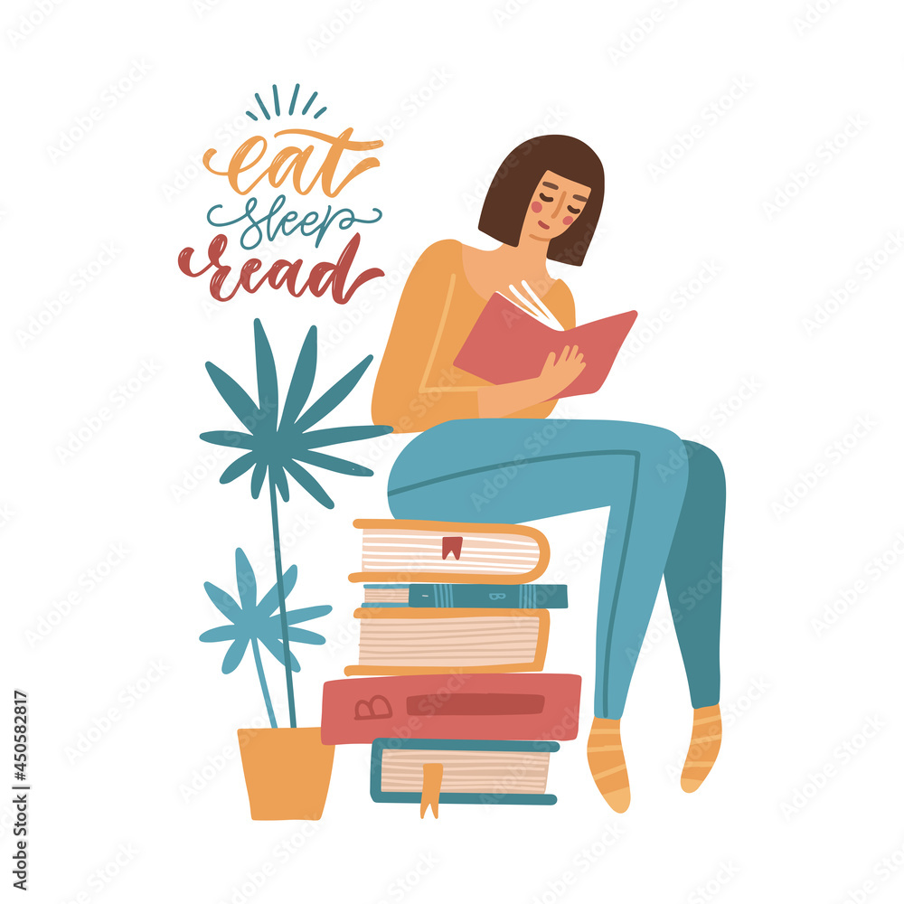 Young woman reading a book while sitting on stack of giant books. Student studying. Girl relaxing with book isolated on white background. Literature hobby. Flat vector concept with lettering quote. Young woman reading a book while sitting on stack of giant books. Student studying. Girl relaxing with book isolated on white background. Literature hobby. Flat vector concept with lettering quote.