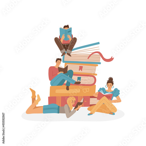 People read books concept. Group of little young characters sitting on the giant books and reading. Male and female Students studuing. Flat cartoon Vector illustration