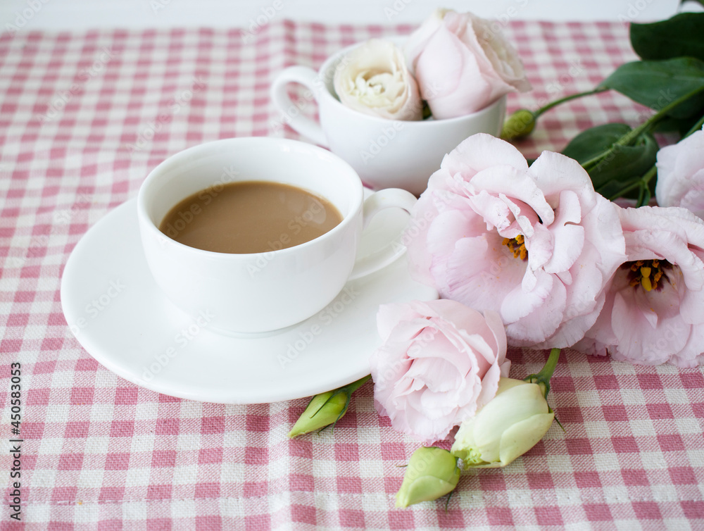 coffee with milk and beautiful roses coffee with milk and beautiful roses